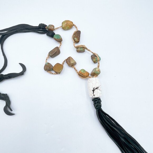 White Pendant Stone Beaded Macrame Necklace With Black Leather Tassel & Adjustab - Picture 5 of 8